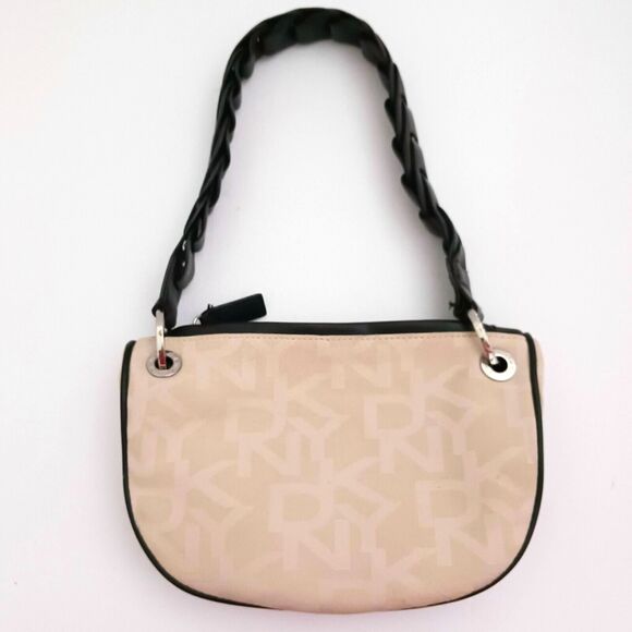 Y2K DKNY Hobo Shoulder Bag Cream Logo Fabric Dk Brown Leather Chunky Strap - Picture 4 of 8